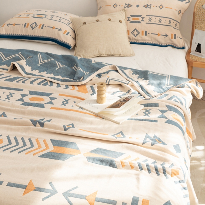 91家纺网 家纺一手货源 找家纺 朴尔家纺-毛巾被 2026新款波西米亚风全棉四层纱布毛巾被-朴尔经典款常年备货 小资情调-蓝