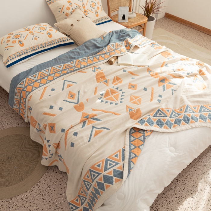 91家纺网 家纺一手货源 找家纺 朴尔家纺-毛巾被 2026新款波西米亚风全棉四层纱布毛巾被-朴尔经典款常年备货 克莱德-蓝