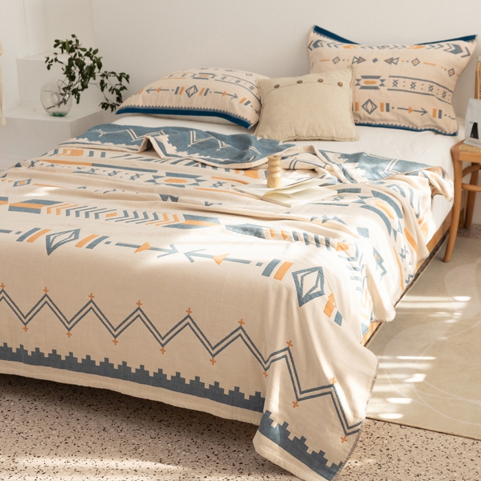 91家纺网 家纺一手货源 找家纺 朴尔家纺-毛巾被 2026新款波西米亚风全棉四层纱布毛巾被-朴尔经典款常年备货 小资情调-蓝