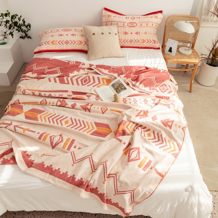 91家纺网 家纺一手货源 找家纺 朴尔家纺-毛巾被 2026新款波西米亚风全棉四层纱布毛巾被-朴尔经典款常年备货 小资情调-红