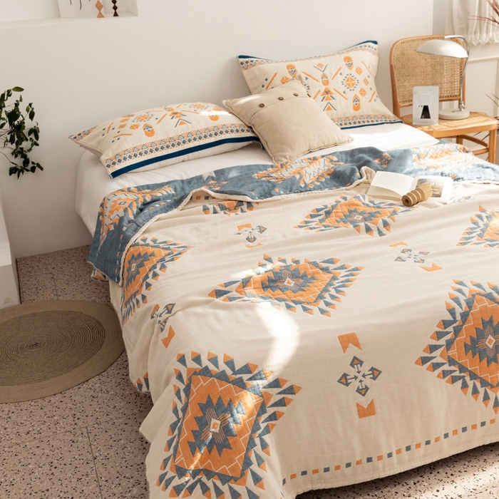 91家纺网 家纺一手货源 找家纺 朴尔家纺-毛巾被 2026新款波西米亚风全棉四层纱布毛巾被-朴尔经典款常年备货 罗马假日-蓝