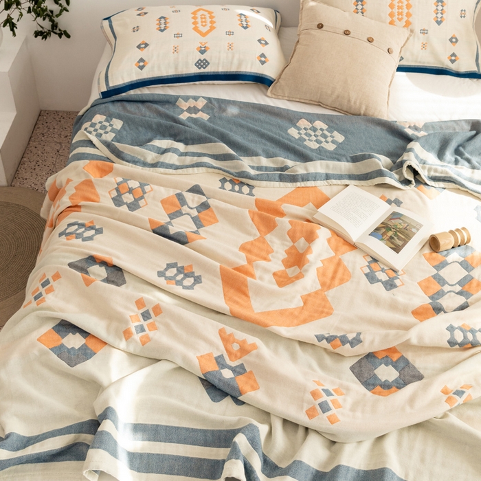 91家纺网 家纺一手货源 找家纺 朴尔家纺-毛巾被 2026新款波西米亚风全棉四层纱布毛巾被-朴尔经典款常年备货 爱丁堡-蓝