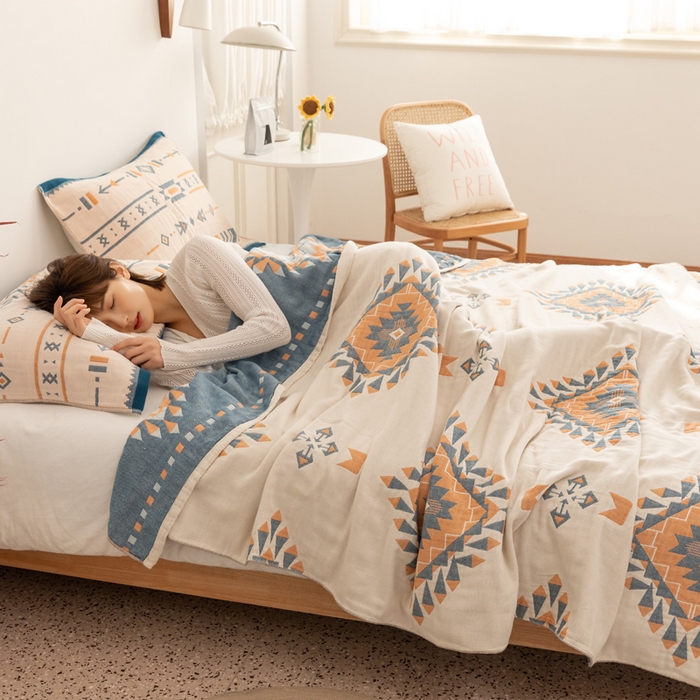 91家纺网 家纺一手货源 找家纺 朴尔家纺-毛巾被 2026新款波西米亚风全棉四层纱布毛巾被-朴尔经典款常年备货 罗马假日-蓝