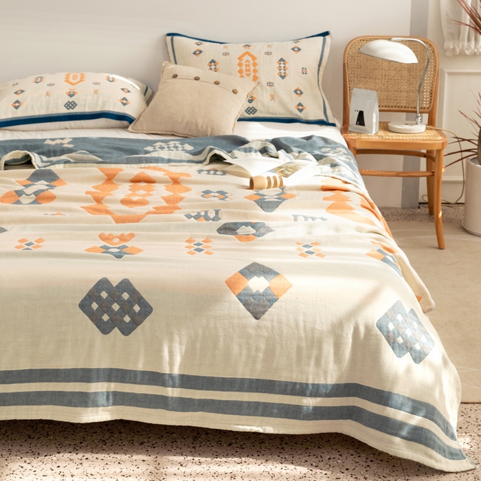 91家纺网 家纺一手货源 找家纺 朴尔家纺-毛巾被 2026新款波西米亚风全棉四层纱布毛巾被-朴尔经典款常年备货 爱丁堡-蓝