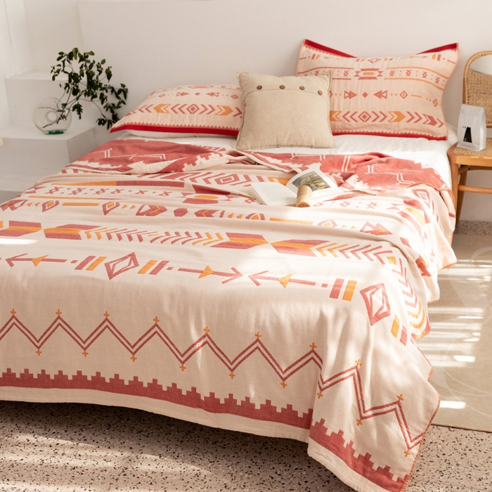 91家纺网 家纺一手货源 找家纺 朴尔家纺-毛巾被 2026新款波西米亚风全棉四层纱布毛巾被-朴尔经典款常年备货 小资情调-红