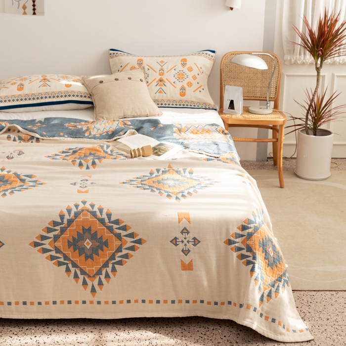 91家纺网 家纺一手货源 找家纺 朴尔家纺-毛巾被 2026新款波西米亚风全棉四层纱布毛巾被-朴尔经典款常年备货 罗马假日-蓝