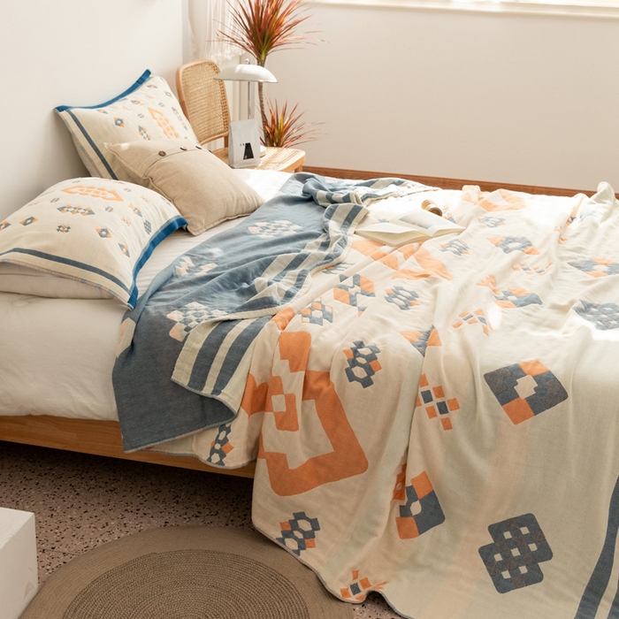 91家纺网 家纺一手货源 找家纺 朴尔家纺-毛巾被 2026新款波西米亚风全棉四层纱布毛巾被-朴尔经典款常年备货 爱丁堡-蓝