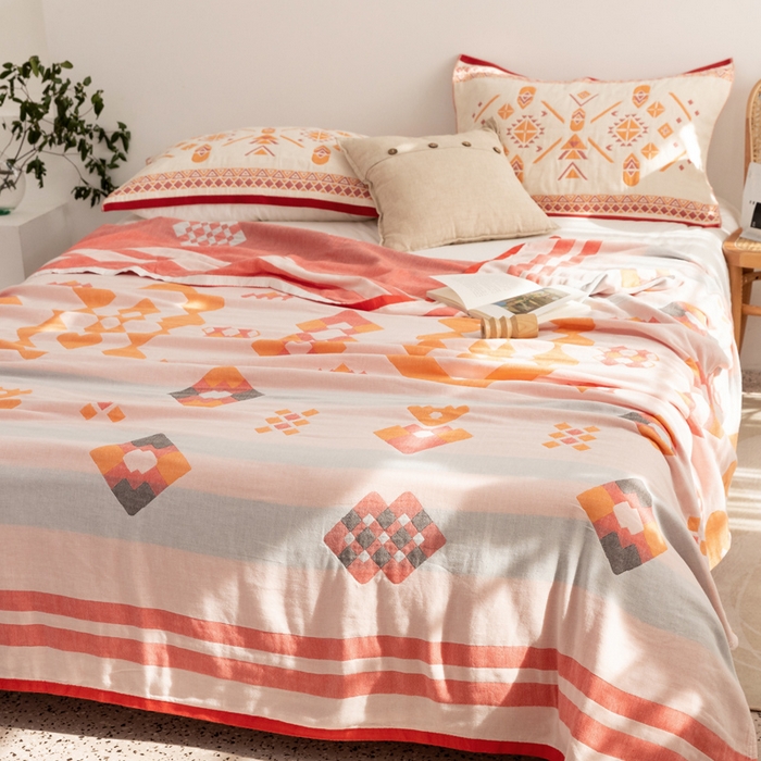 91家纺网 家纺一手货源 找家纺 朴尔家纺-毛巾被 2026新款波西米亚风全棉四层纱布毛巾被-朴尔经典款常年备货 爱丁堡-红