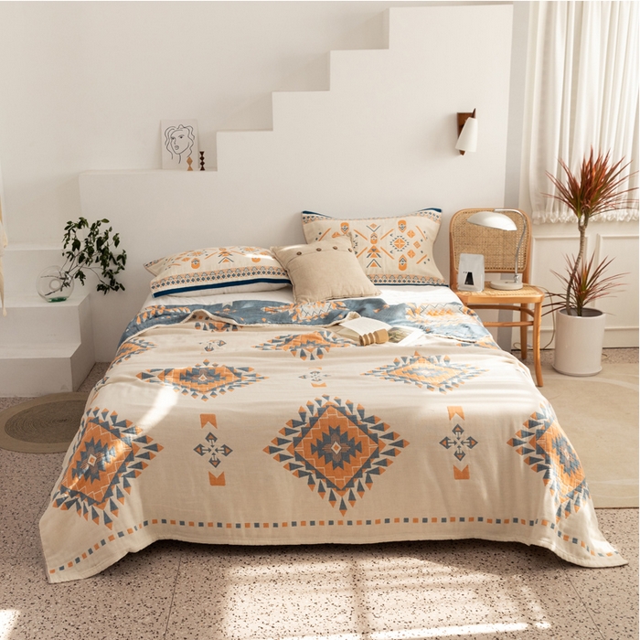 91家纺网 家纺一手货源 找家纺 朴尔家纺-毛巾被 2026新款波西米亚风全棉四层纱布毛巾被-朴尔经典款常年备货 罗马假日-蓝