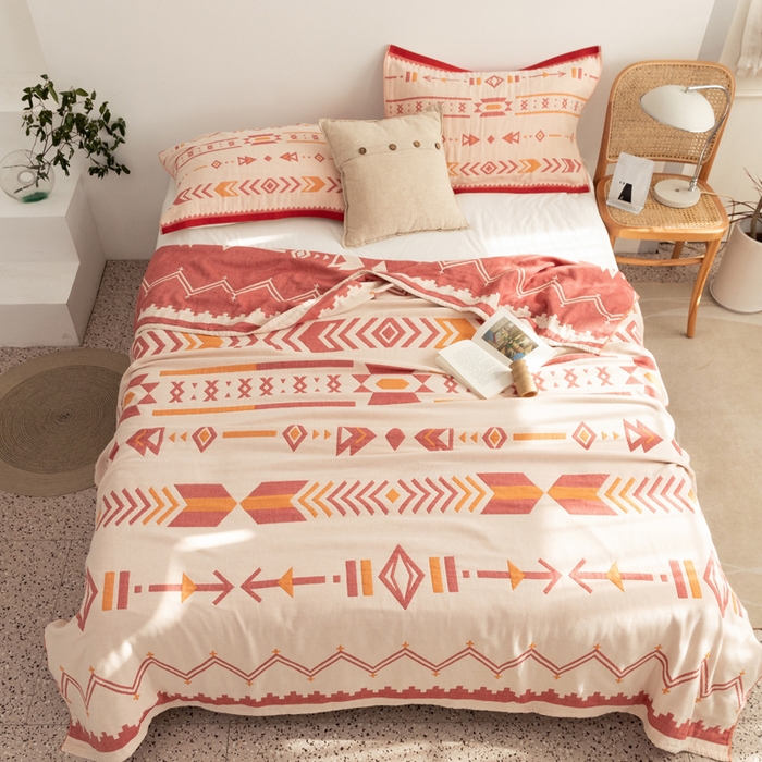 91家纺网 家纺一手货源 找家纺 朴尔家纺-毛巾被 2026新款波西米亚风全棉四层纱布毛巾被-朴尔经典款常年备货 小资情调-红