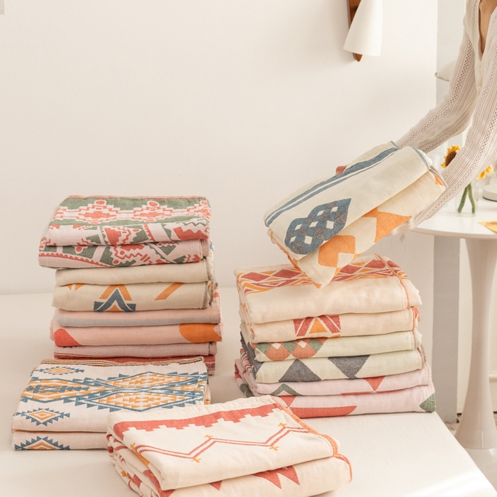 91家纺网 家纺一手货源 找家纺 朴尔家纺-毛巾被 2026新款波西米亚风全棉四层纱布毛巾被-朴尔经典款常年备货 组合图仅供展示