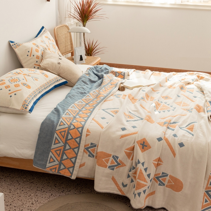 91家纺网 家纺一手货源 找家纺 朴尔家纺-毛巾被 2026新款波西米亚风全棉四层纱布毛巾被-朴尔经典款常年备货 克莱德-蓝