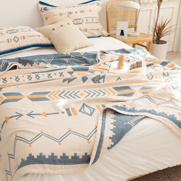 91家纺网 家纺一手货源 找家纺 朴尔家纺-毛巾被 2026新款波西米亚风全棉四层纱布毛巾被-朴尔经典款常年备货 小资情调-蓝