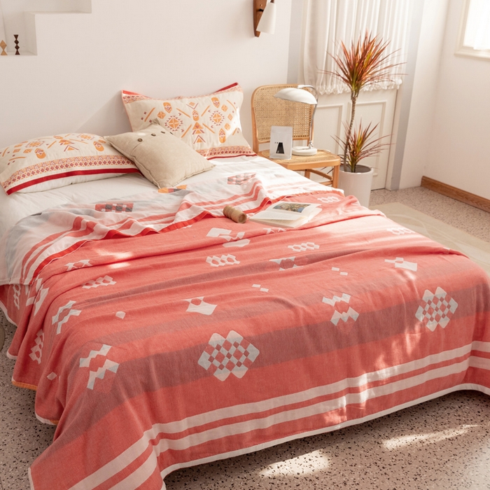 91家纺网 家纺一手货源 找家纺 朴尔家纺-毛巾被 2026新款波西米亚风全棉四层纱布毛巾被-朴尔经典款常年备货 爱丁堡-红