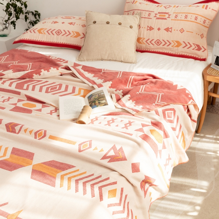 91家纺网 家纺一手货源 找家纺 朴尔家纺-毛巾被 2026新款波西米亚风全棉四层纱布毛巾被-朴尔经典款常年备货 小资情调-红