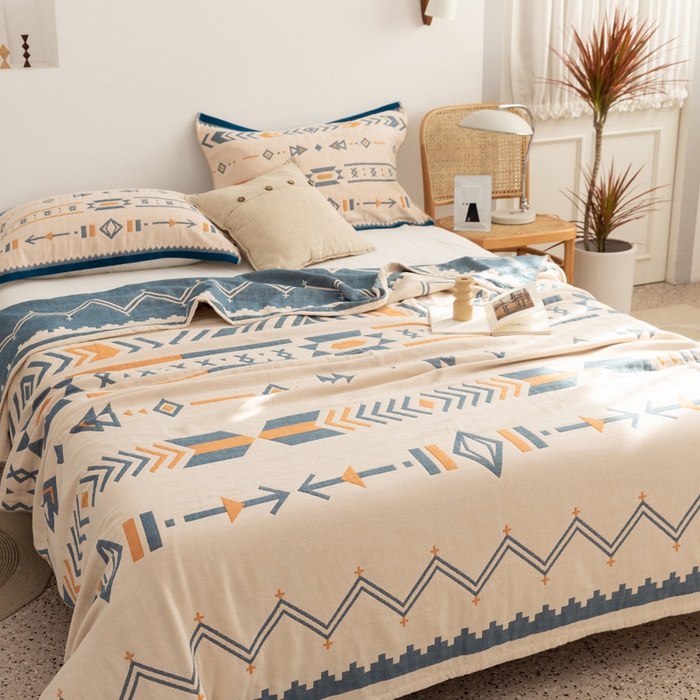 91家纺网 家纺一手货源 找家纺 朴尔家纺-毛巾被 2026新款波西米亚风全棉四层纱布毛巾被-朴尔经典款常年备货 小资情调-蓝