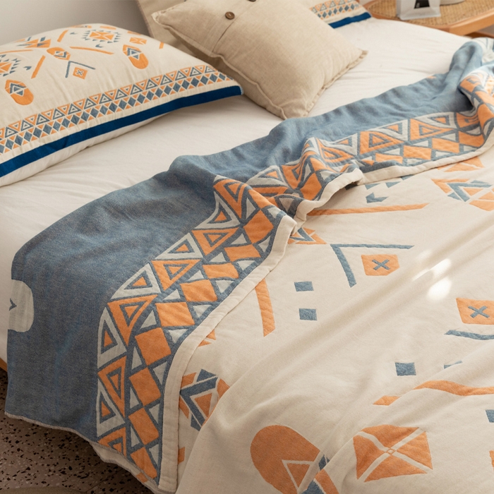 91家纺网 家纺一手货源 找家纺 朴尔家纺-毛巾被 2026新款波西米亚风全棉四层纱布毛巾被-朴尔经典款常年备货 克莱德-蓝