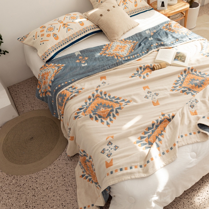 91家纺网 家纺一手货源 找家纺 朴尔家纺-毛巾被 2026新款波西米亚风全棉四层纱布毛巾被-朴尔经典款常年备货 罗马假日-蓝