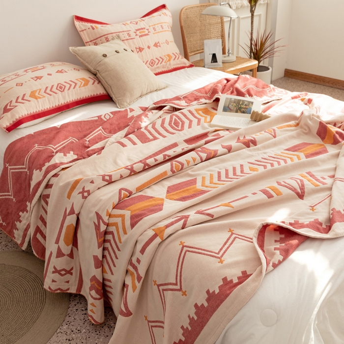 91家纺网 家纺一手货源 找家纺 朴尔家纺-毛巾被 2026新款波西米亚风全棉四层纱布毛巾被-朴尔经典款常年备货 小资情调-红