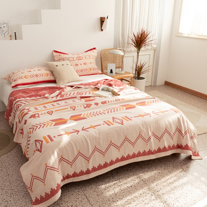 91家纺网 家纺一手货源 找家纺 朴尔家纺-毛巾被 2026新款波西米亚风全棉四层纱布毛巾被-朴尔经典款常年备货 小资情调-红