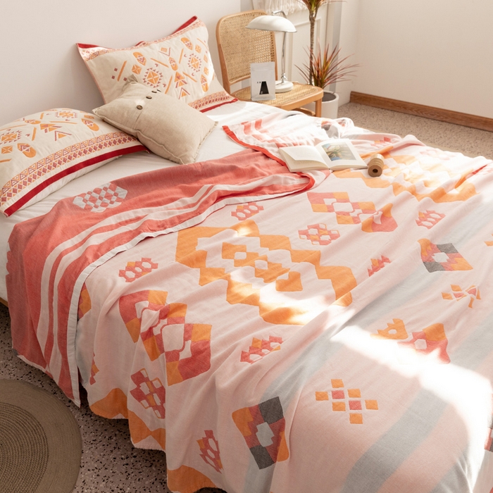 91家纺网 家纺一手货源 找家纺 朴尔家纺-毛巾被 2026新款波西米亚风全棉四层纱布毛巾被-朴尔经典款常年备货 爱丁堡-红