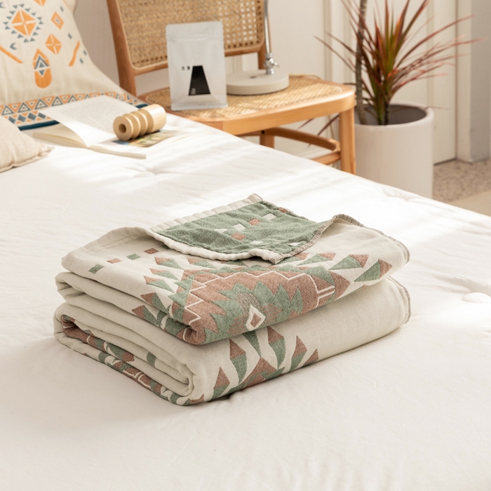 朴尔家纺-毛巾被 2026新款波西米亚风全棉四层纱布毛巾被-朴尔经典款常年备货 罗马假日-绿