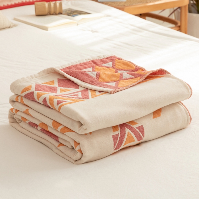 朴尔家纺-毛巾被 2026新款波西米亚风全棉四层纱布毛巾被-朴尔经典款常年备货 克莱德-粉
