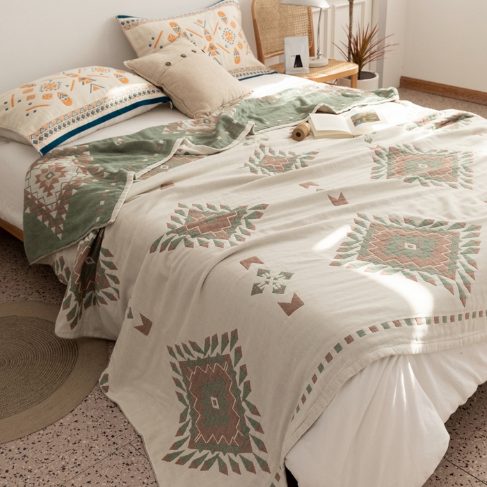 91家纺网 家纺一手货源 找家纺 朴尔家纺-毛巾被 2026新款波西米亚风全棉四层纱布毛巾被-朴尔经典款常年备货 罗马假日-绿