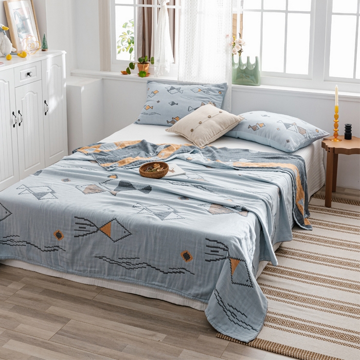 91家纺网 家纺一手货源 找家纺 朴尔家纺-毛巾被 2026新款波西米亚风全棉四层纱布毛巾被-朴尔经典款常年备货 鱼图腾-兰