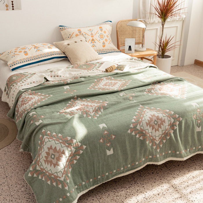 91家纺网 家纺一手货源 找家纺 朴尔家纺-毛巾被 2026新款波西米亚风全棉四层纱布毛巾被-朴尔经典款常年备货 罗马假日-绿