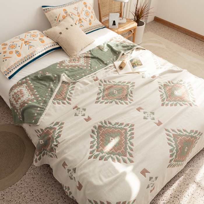 91家纺网 家纺一手货源 找家纺 朴尔家纺-毛巾被 2026新款波西米亚风全棉四层纱布毛巾被-朴尔经典款常年备货 罗马假日-绿