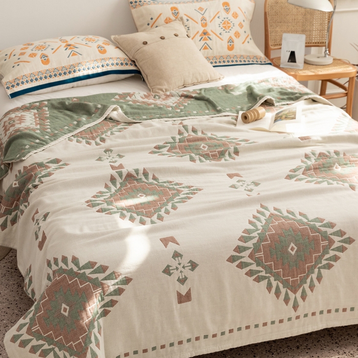 91家纺网 家纺一手货源 找家纺 朴尔家纺-毛巾被 2026新款波西米亚风全棉四层纱布毛巾被-朴尔经典款常年备货 罗马假日-绿