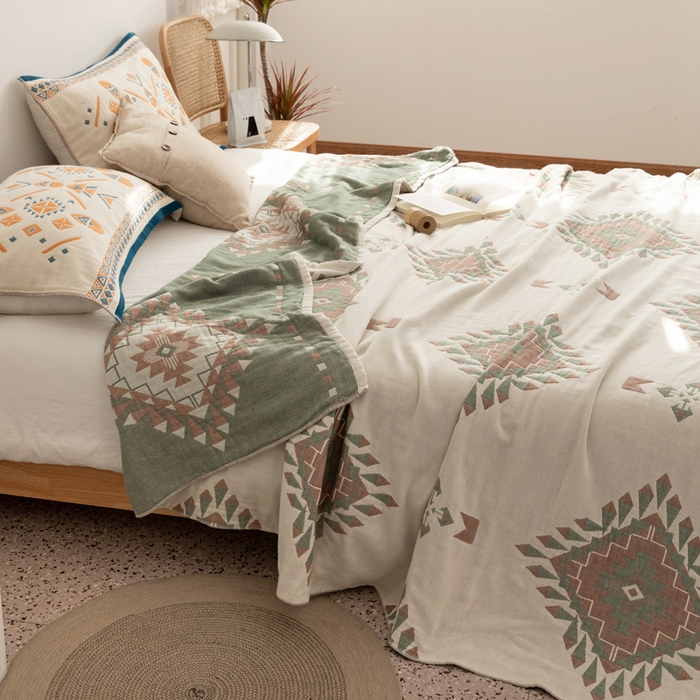 91家纺网 家纺一手货源 找家纺 朴尔家纺-毛巾被 2026新款波西米亚风全棉四层纱布毛巾被-朴尔经典款常年备货 罗马假日-绿