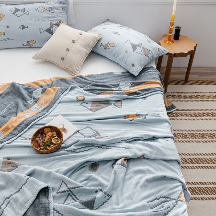 91家纺网 家纺一手货源 找家纺 朴尔家纺-毛巾被 2026新款波西米亚风全棉四层纱布毛巾被-朴尔经典款常年备货 鱼图腾-兰