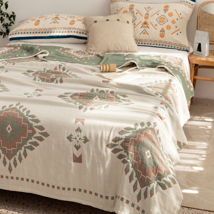 91家纺网 家纺一手货源 找家纺 朴尔家纺-毛巾被 2026新款波西米亚风全棉四层纱布毛巾被-朴尔经典款常年备货 罗马假日-绿