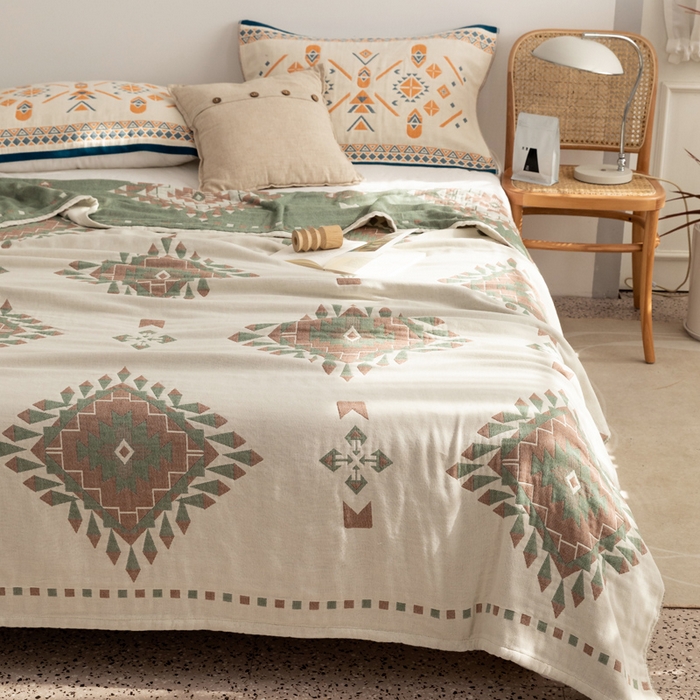 91家纺网 家纺一手货源 找家纺 朴尔家纺-毛巾被 2026新款波西米亚风全棉四层纱布毛巾被-朴尔经典款常年备货 罗马假日-绿