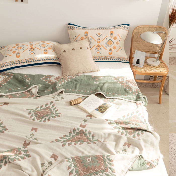 91家纺网 家纺一手货源 找家纺 朴尔家纺-毛巾被 2026新款波西米亚风全棉四层纱布毛巾被-朴尔经典款常年备货 罗马假日-绿