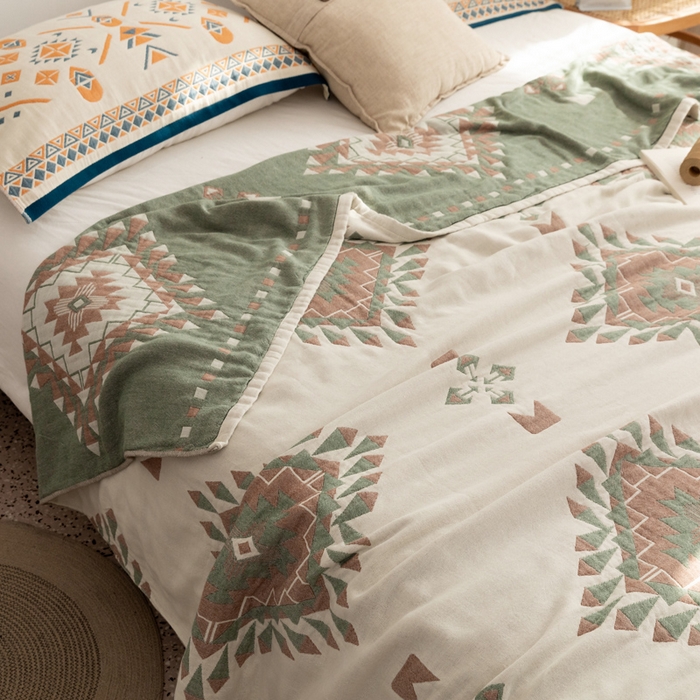 91家纺网 家纺一手货源 找家纺 朴尔家纺-毛巾被 2026新款波西米亚风全棉四层纱布毛巾被-朴尔经典款常年备货 罗马假日-绿