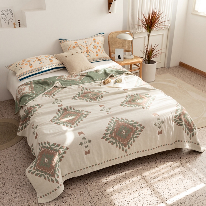 91家纺网 家纺一手货源 找家纺 朴尔家纺-毛巾被 2026新款波西米亚风全棉四层纱布毛巾被-朴尔经典款常年备货 罗马假日-绿