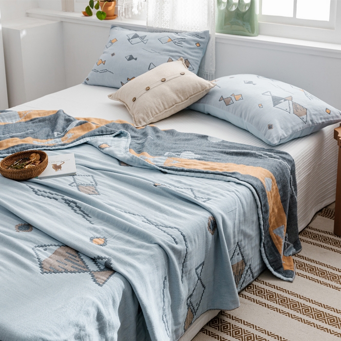 91家纺网 家纺一手货源 找家纺 朴尔家纺-毛巾被 2026新款波西米亚风全棉四层纱布毛巾被-朴尔经典款常年备货 鱼图腾-兰