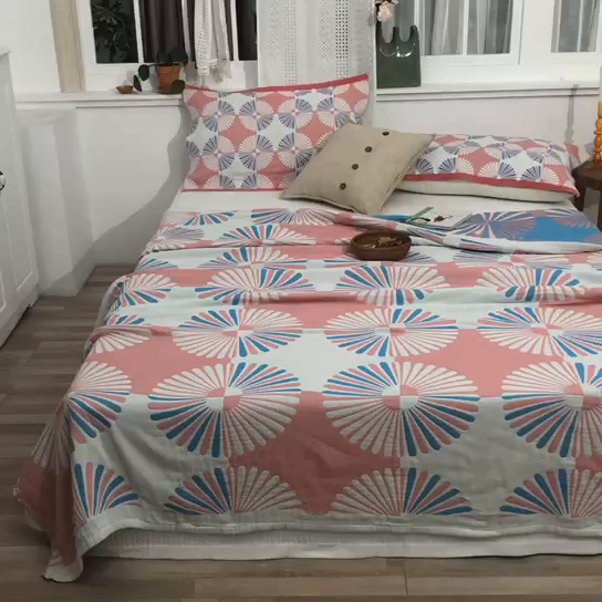 91家纺网 家纺一手货源 找家纺 朴尔家纺-毛巾被 2026新款波西米亚风全棉四层纱布毛巾被-朴尔经典款常年备货 布尔乔亚-粉