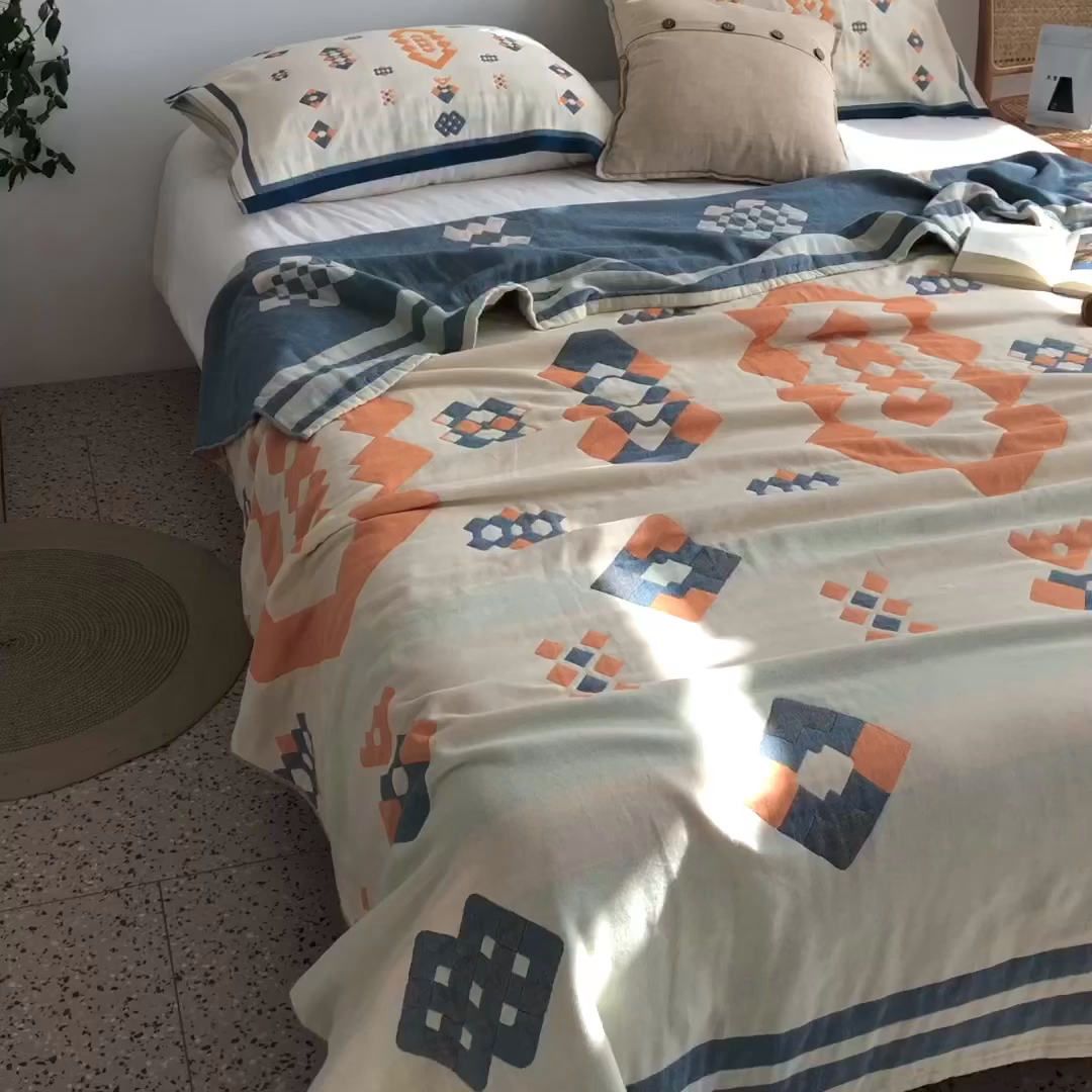 91家纺网 家纺一手货源 找家纺 朴尔家纺-毛巾被 2026新款波西米亚风全棉四层纱布毛巾被-朴尔经典款常年备货 爱丁堡-蓝