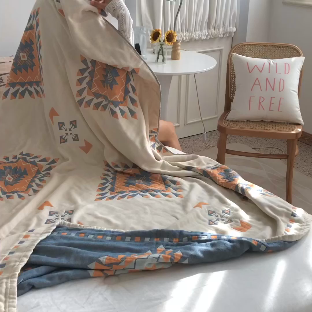 91家纺网 家纺一手货源 找家纺 朴尔家纺-毛巾被 2026新款波西米亚风全棉四层纱布毛巾被-朴尔经典款常年备货 罗马假日-蓝