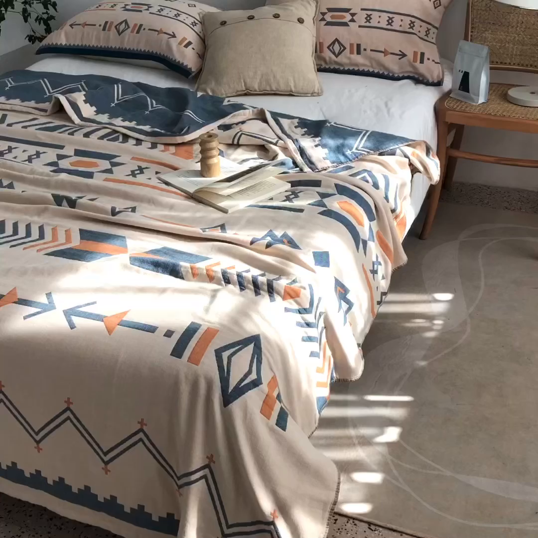 91家纺网 家纺一手货源 找家纺 朴尔家纺-毛巾被 2026新款波西米亚风全棉四层纱布毛巾被-朴尔经典款常年备货 小资情调-蓝