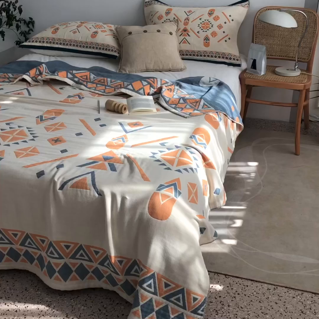 91家纺网 家纺一手货源 找家纺 朴尔家纺-毛巾被 2026新款波西米亚风全棉四层纱布毛巾被-朴尔经典款常年备货 克莱德-蓝