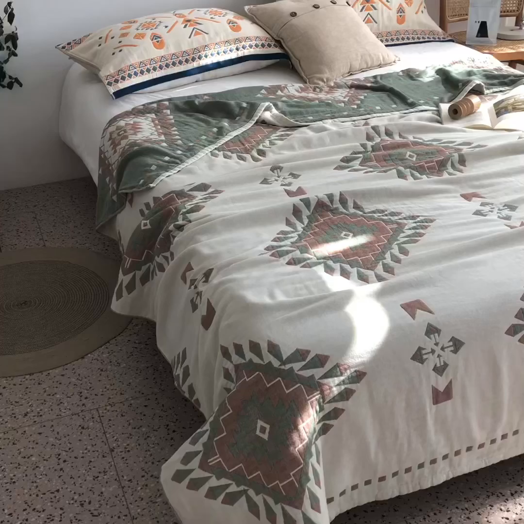 91家纺网 家纺一手货源 找家纺 朴尔家纺-毛巾被 2026新款波西米亚风全棉四层纱布毛巾被-朴尔经典款常年备货 罗马假日-绿