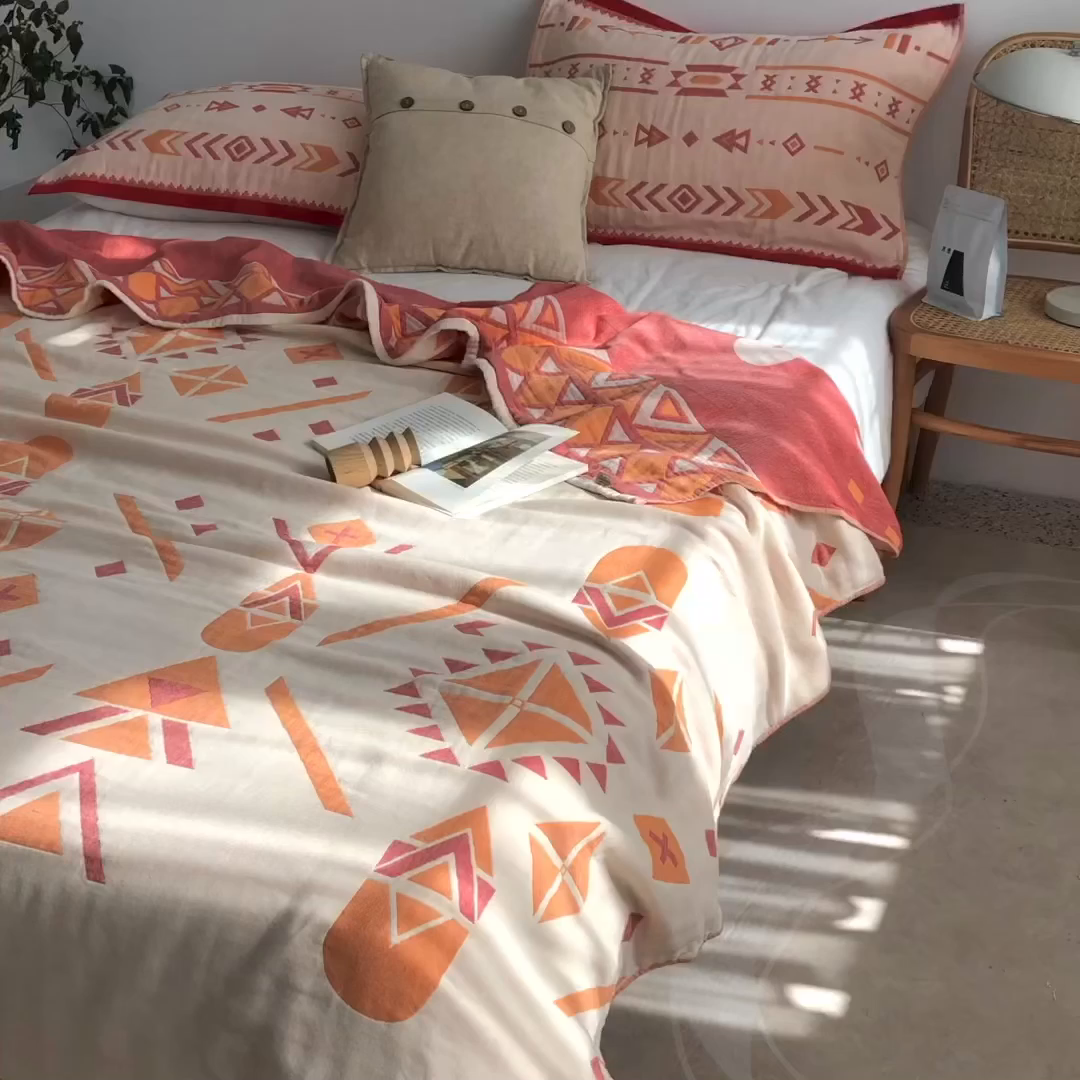 91家纺网 家纺一手货源 找家纺 朴尔家纺-毛巾被 2026新款波西米亚风全棉四层纱布毛巾被-朴尔经典款常年备货 克莱德-粉