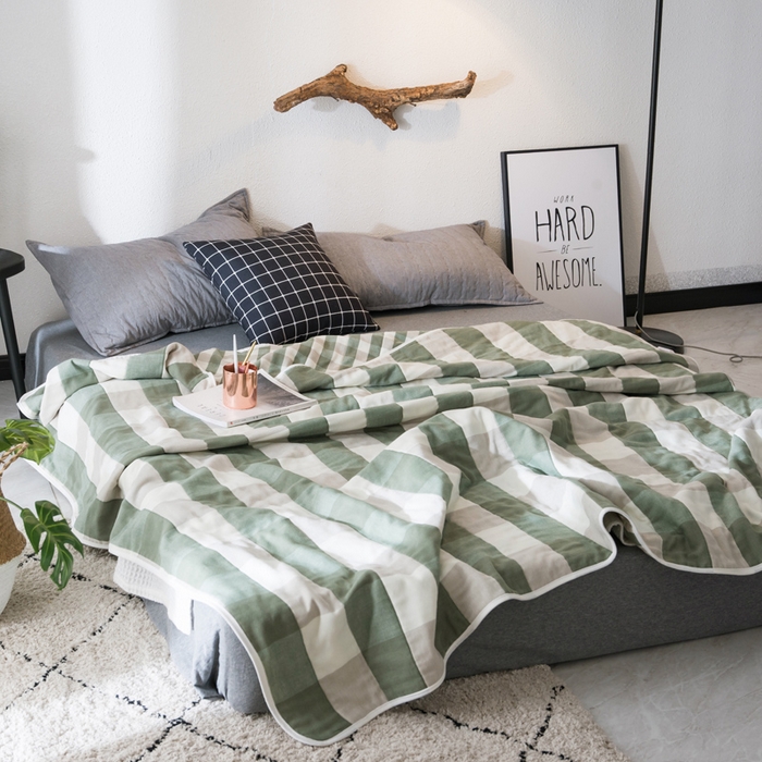 91家纺网 家纺一手货源 找家纺 朴尔家纺-毛巾被 2026新款经典六层纱布全棉毛巾被系列-朴尔经典款常年备货 日式大格-绿