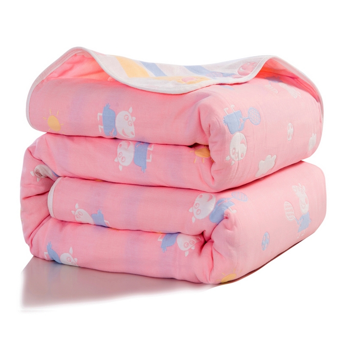 91家纺网 家纺一手货源 找家纺 朴尔家纺-毛巾被 2026新款经典六层纱布全棉毛巾被系列-朴尔经典款常年备货 小猪琪琪-粉