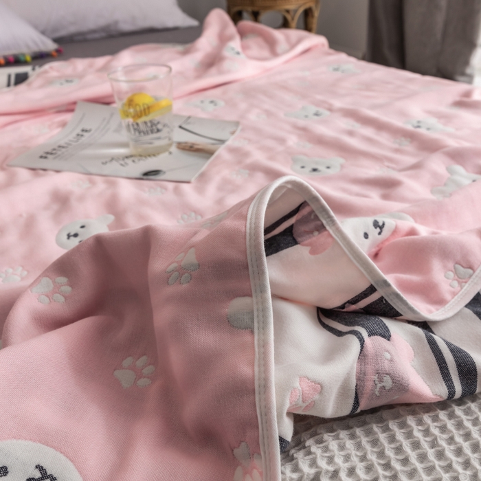 91家纺网 家纺一手货源 找家纺 朴尔家纺-毛巾被 2026新款经典六层纱布全棉毛巾被系列-朴尔经典款常年备货 甜蜜小熊-粉